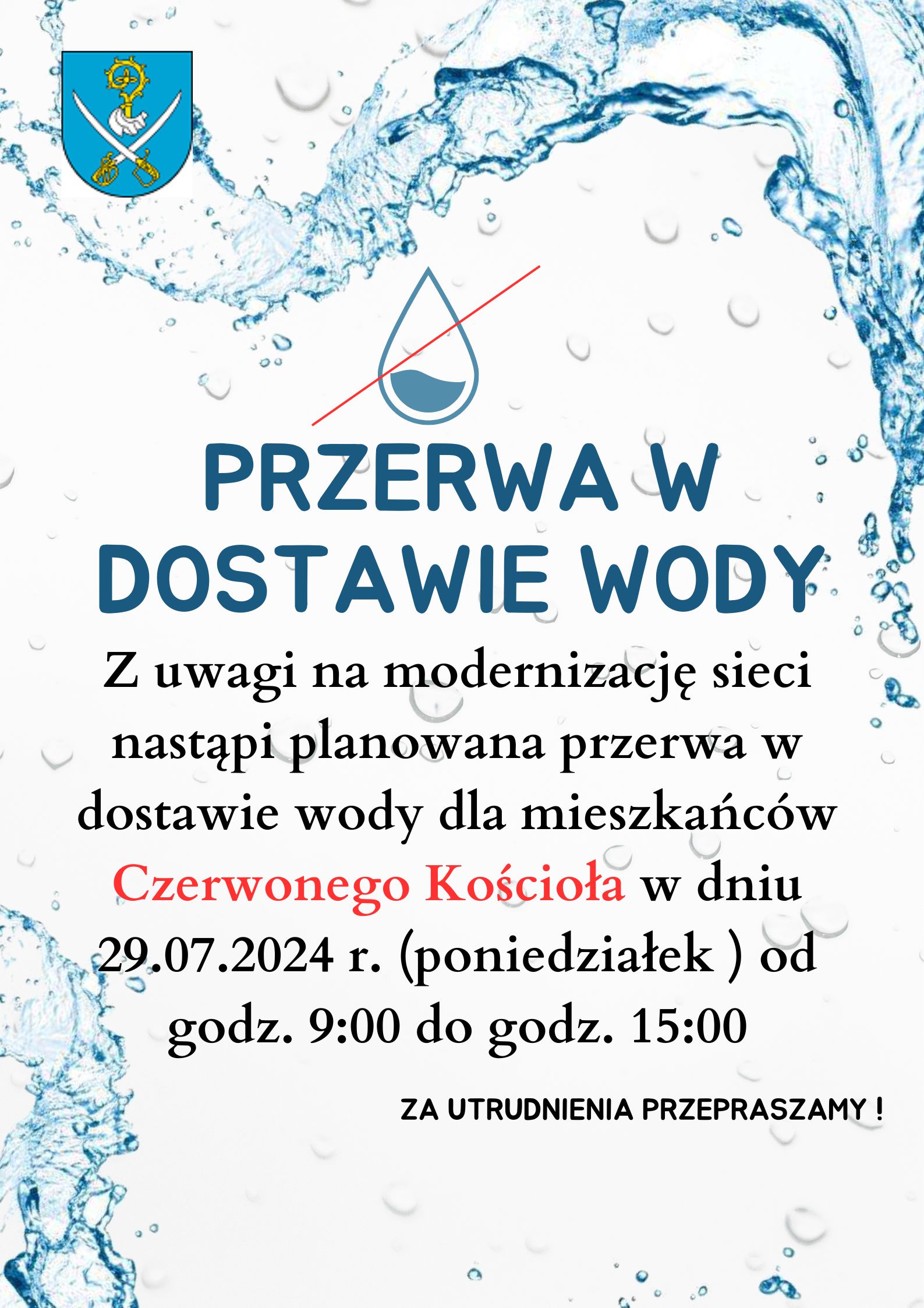 przerwa w dostawie wody czerwny kosciol 29 lipiec