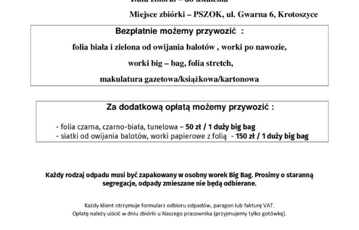Plakat informujący o bezpłatnym odbiorze folii od rolników